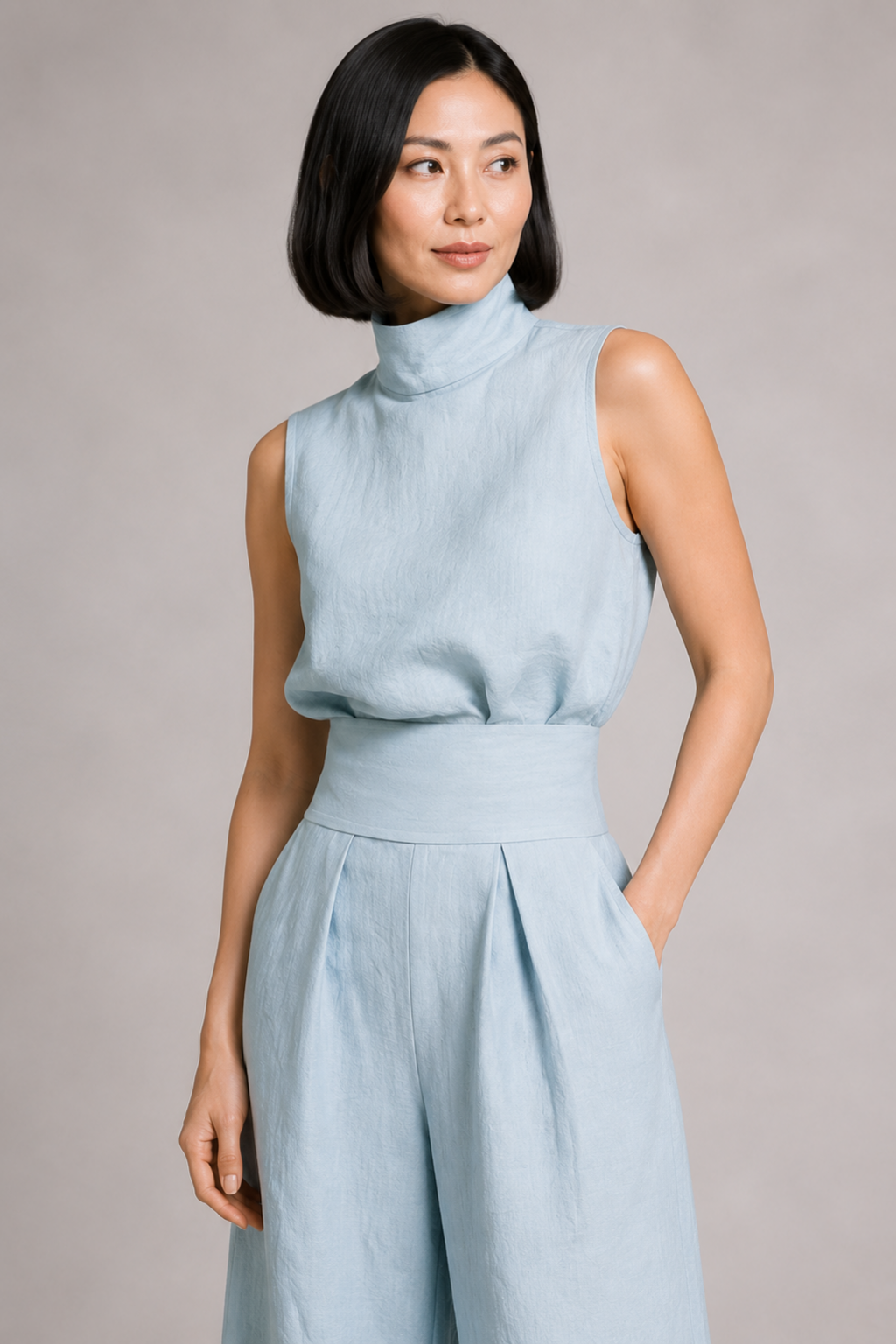 Sleeveless High-Neck Wide-Leg Set in Sky Blue, waistband construction detail