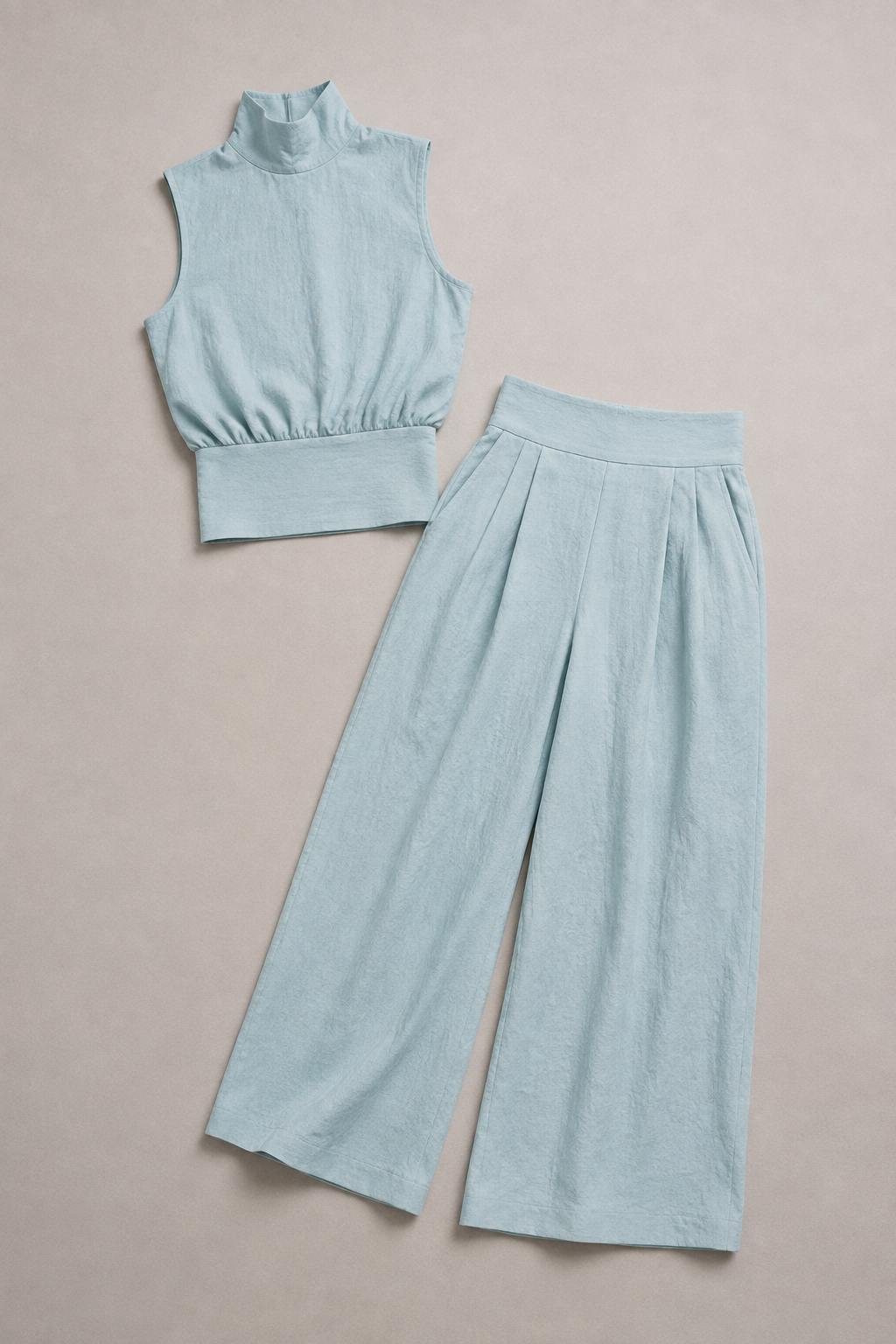 Sleeveless High-Neck Wide-Leg Set in Sky Blue, flat lay