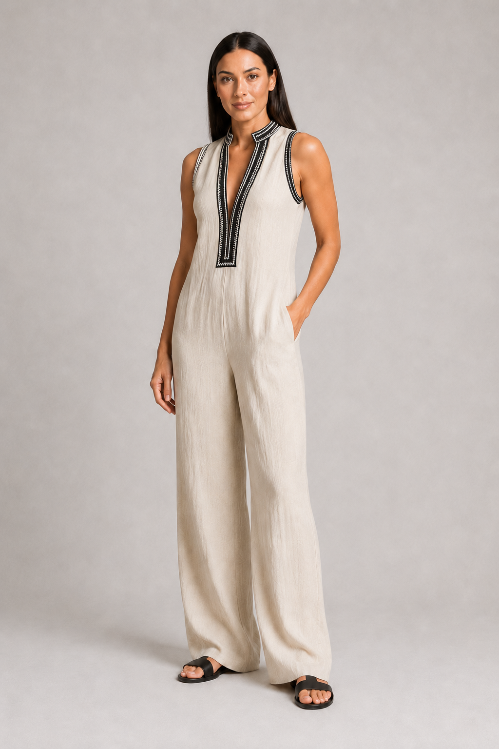 Sleeveless High-Neck Zip Jumpsuit in Apricot, front three-quarter view