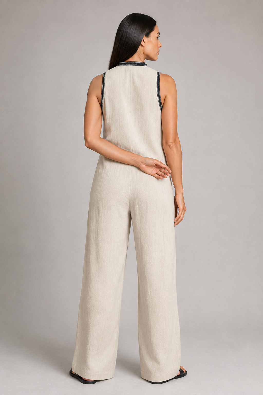 Sleeveless High-Neck Zip Jumpsuit in Apricot, back view