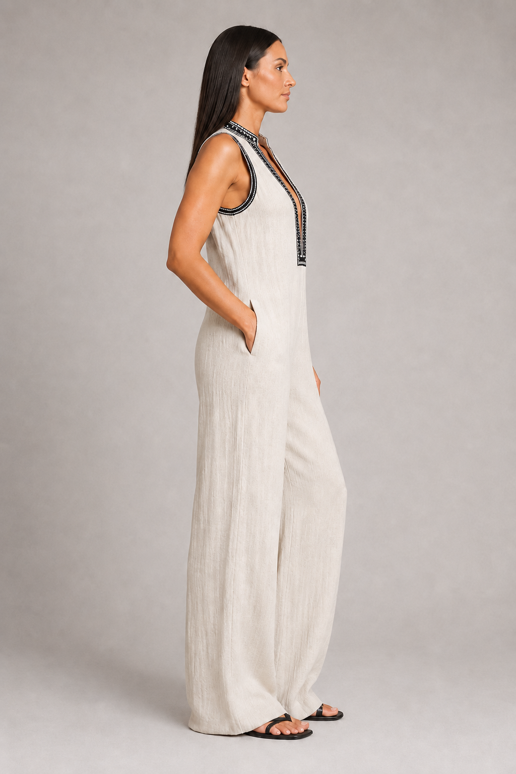 Sleeveless High-Neck Zip Jumpsuit in Apricot, side view