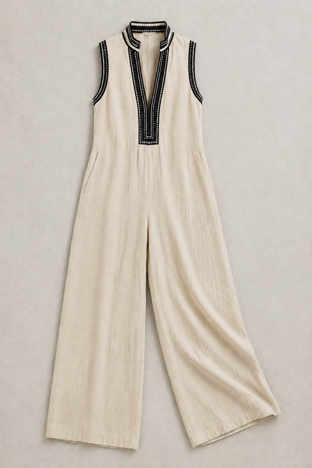 Sleeveless High-Neck Zip Jumpsuit in Apricot, flat lay