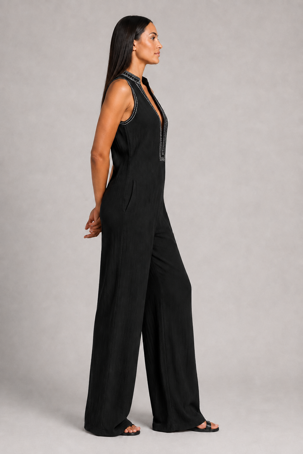 Sleeveless High-Neck Zip Jumpsuit in Black, side view