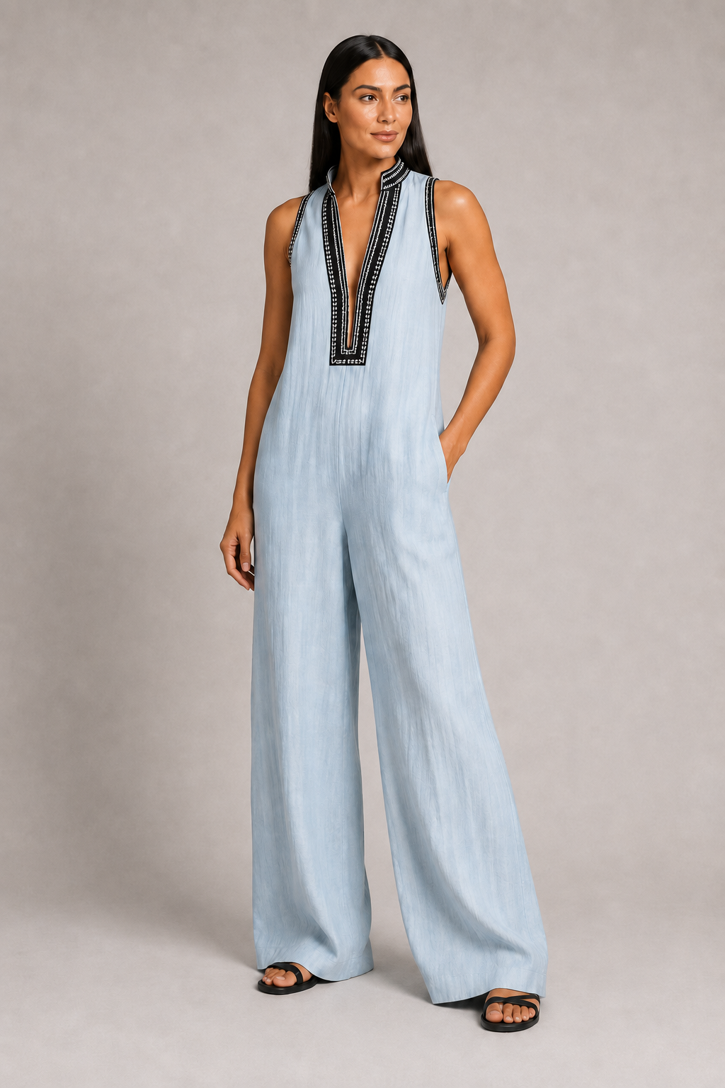 Sleeveless High-Neck Zip Jumpsuit in Sky Blue, front three-quarter view
