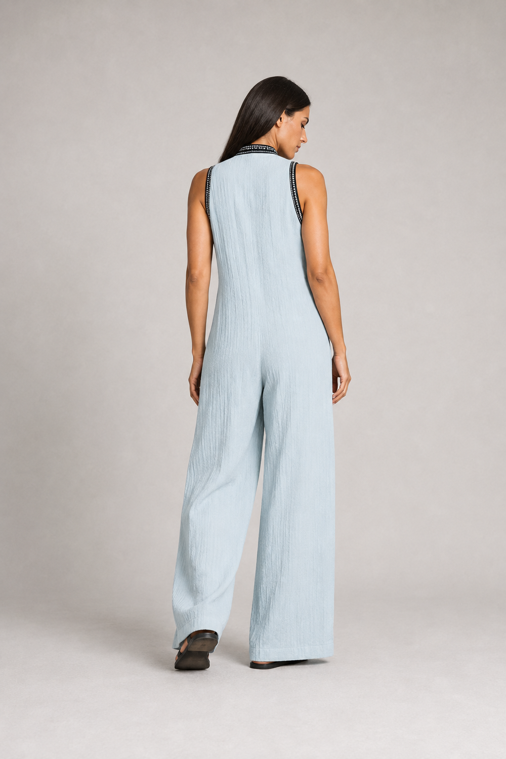 Sleeveless High-Neck Zip Jumpsuit in Sky Blue, back view