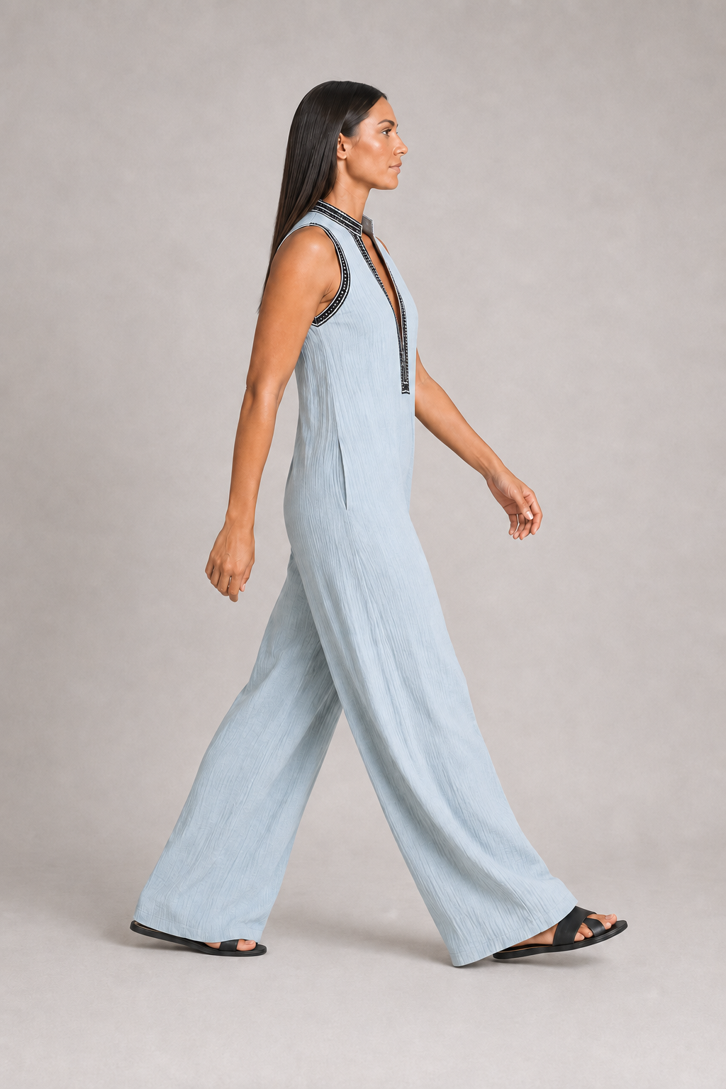 Sleeveless High-Neck Zip Jumpsuit in Sky Blue, side view
