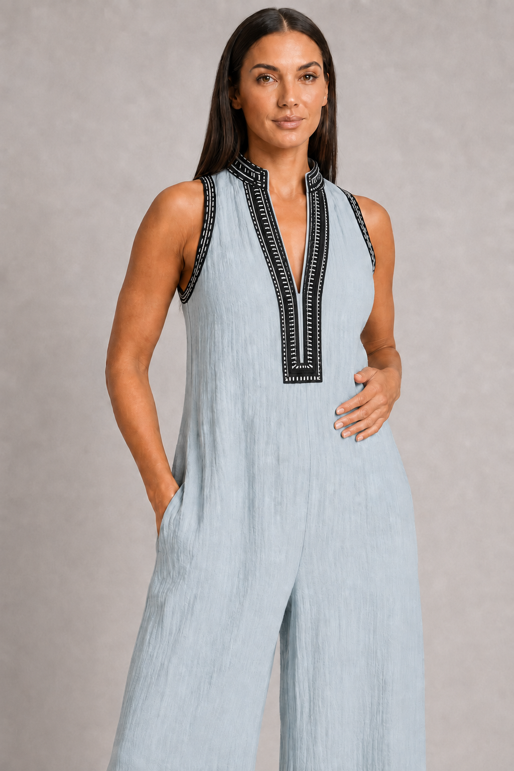 Sleeveless High-Neck Zip Jumpsuit in Sky Blue, waistband construction detail