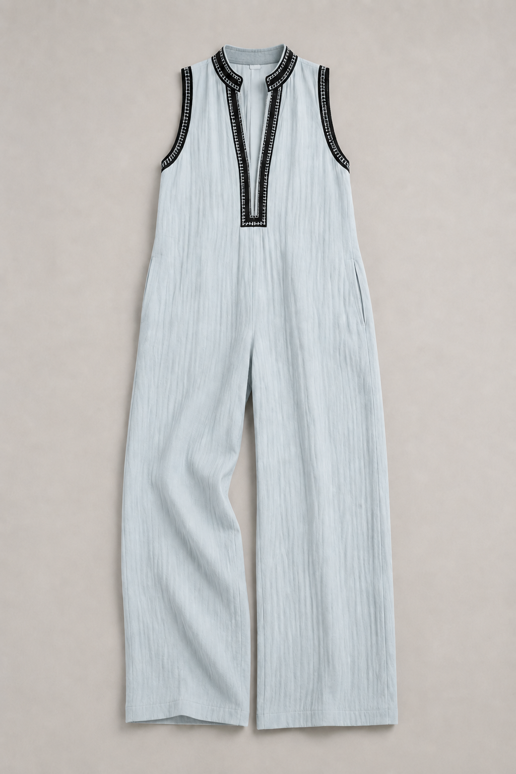 Sleeveless High-Neck Zip Jumpsuit in Sky Blue, flat lay