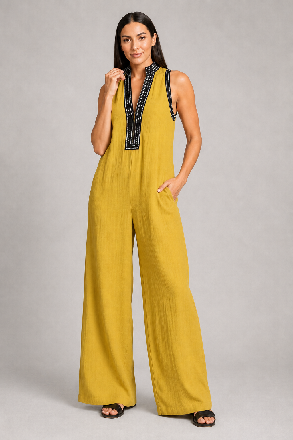 Sleeveless High-Neck Zip Jumpsuit in Yellow, front three-quarter view