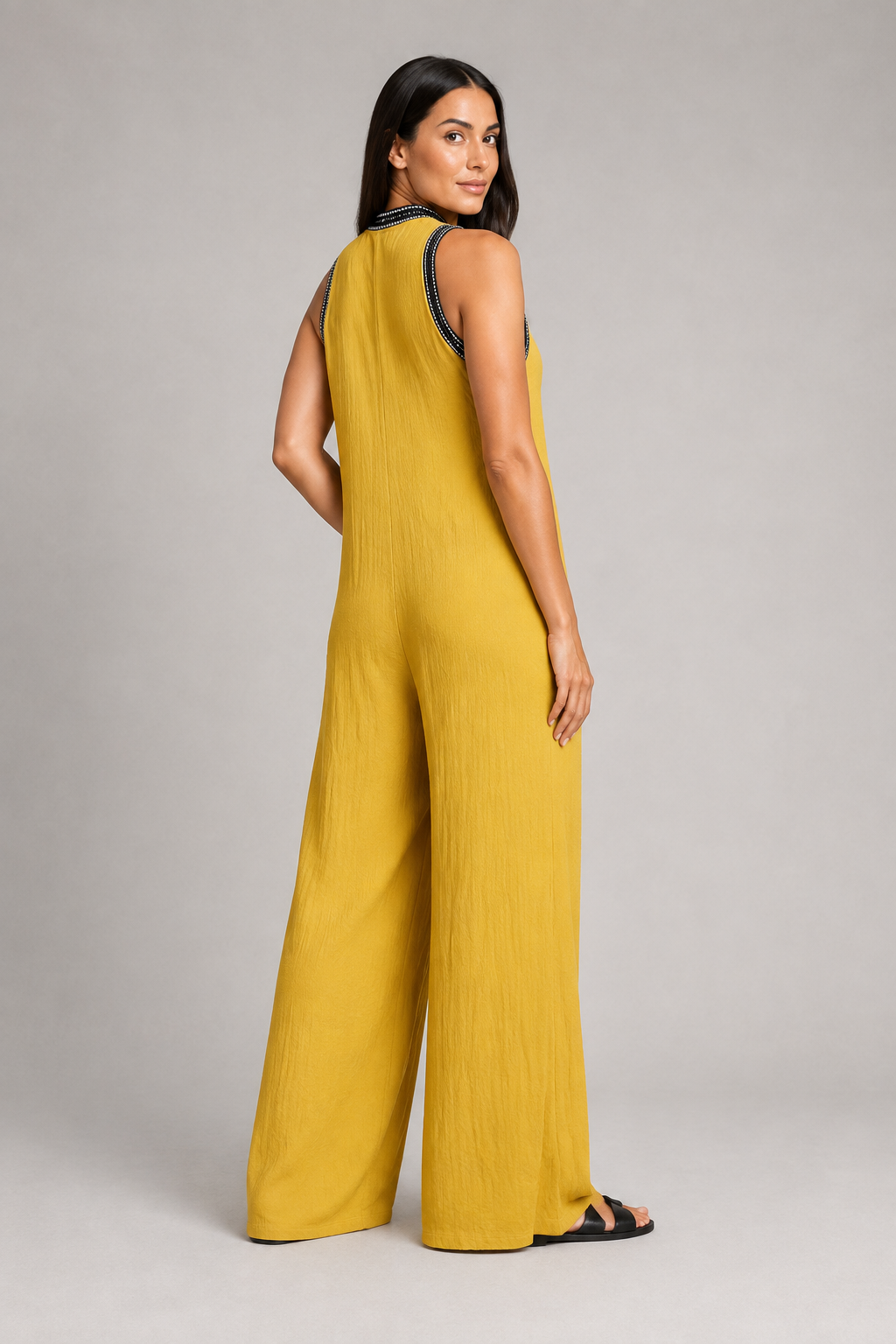 Sleeveless High-Neck Zip Jumpsuit in Yellow, back view