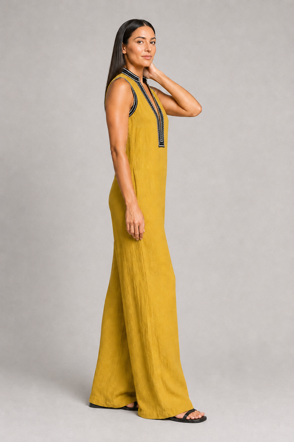 Sleeveless High-Neck Zip Jumpsuit in Yellow, side view