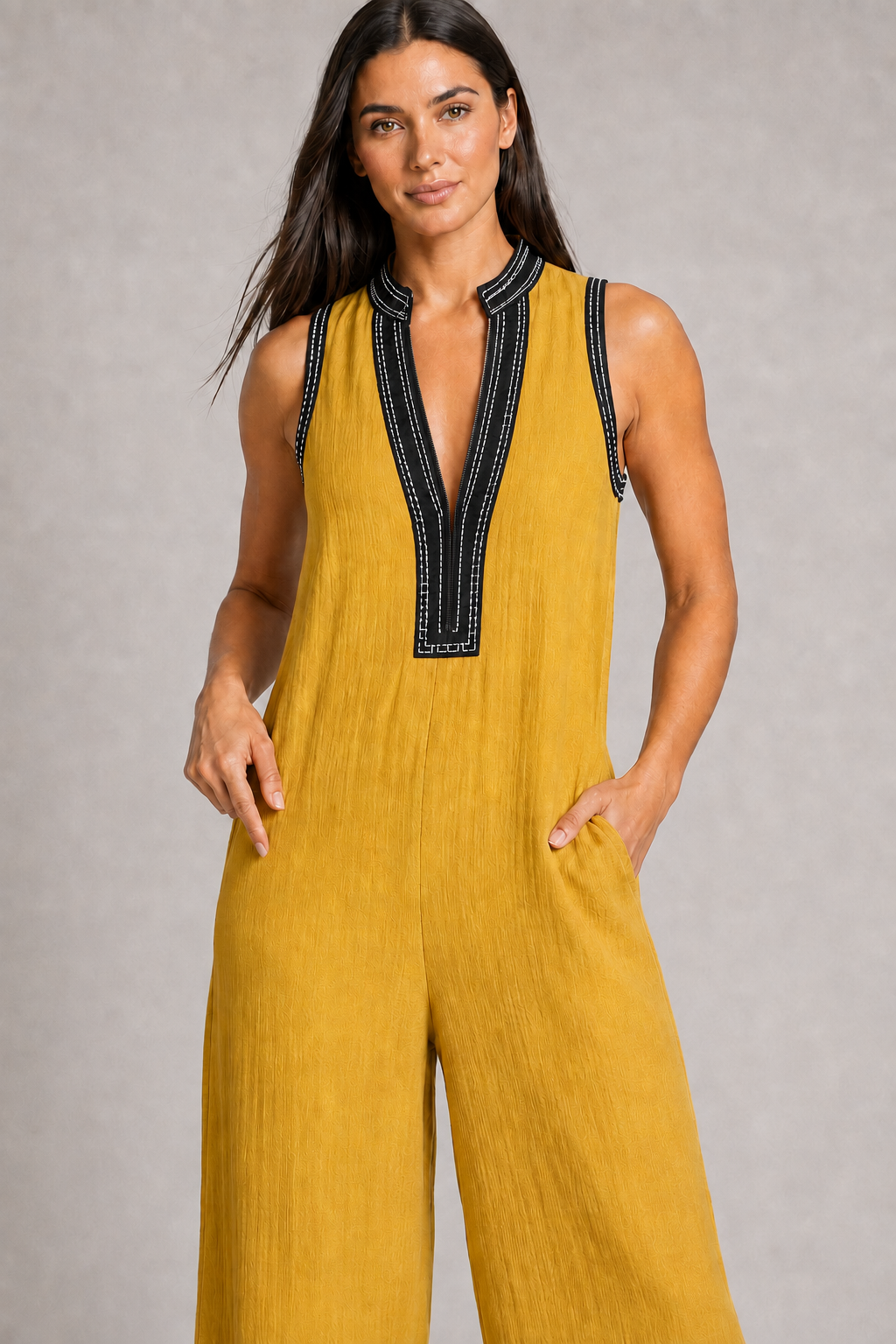 Sleeveless High-Neck Zip Jumpsuit in Yellow, waistband construction detail