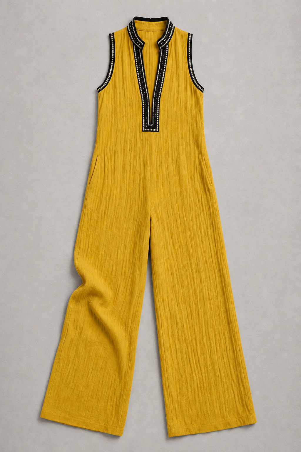 Sleeveless High-Neck Zip Jumpsuit in Yellow, flat lay