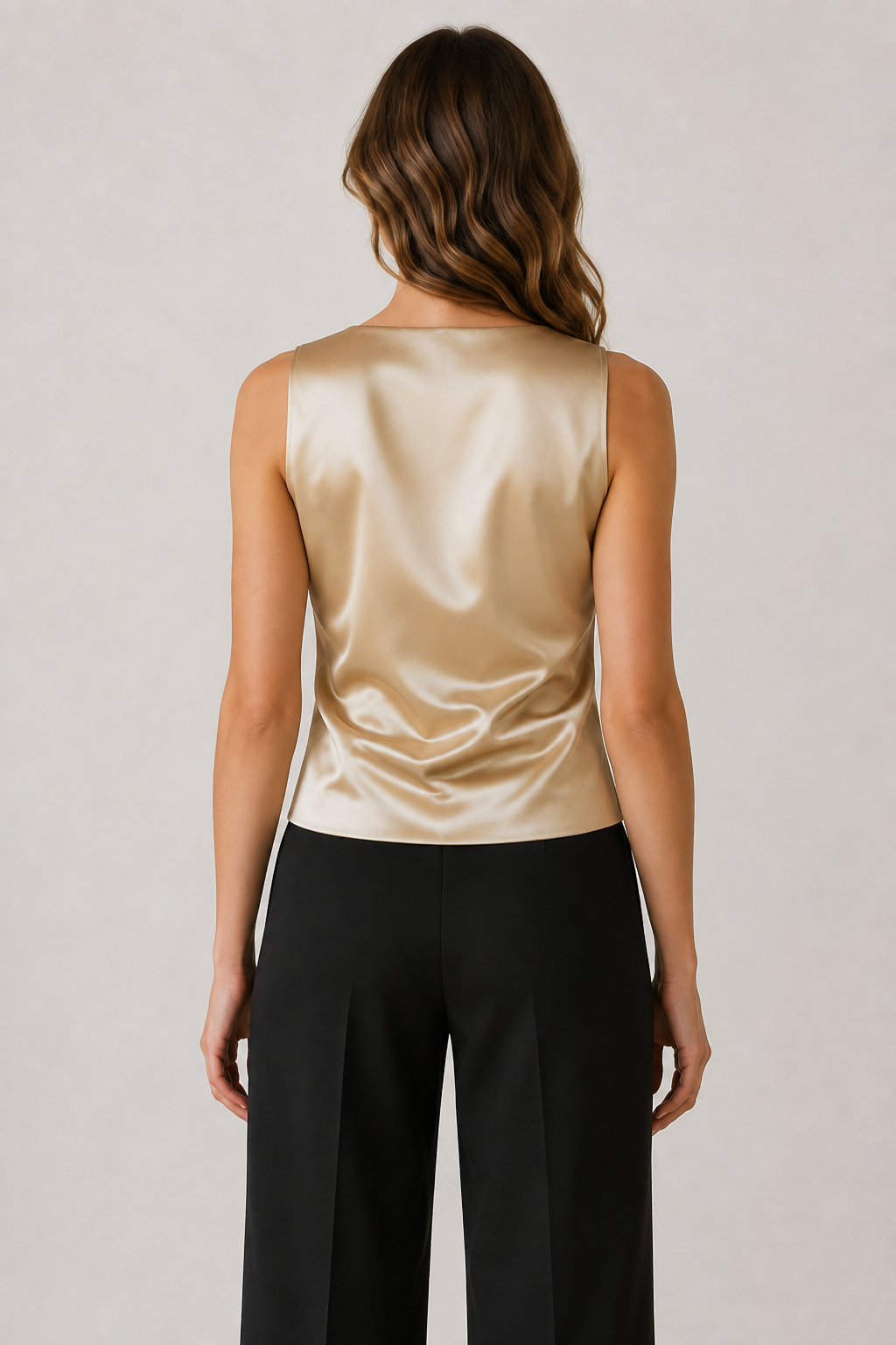 Champagne sleeveless satin blouse, back view