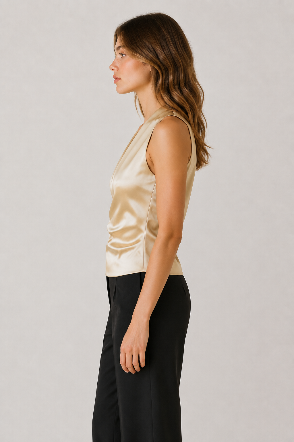 Champagne sleeveless satin blouse, side view
