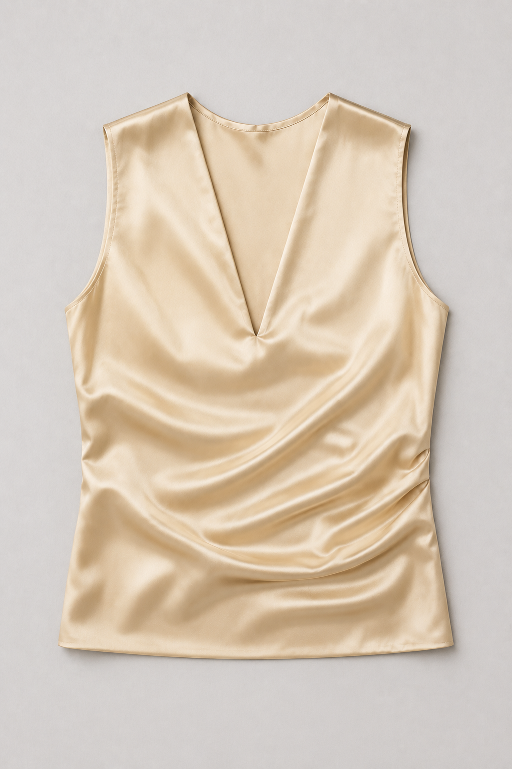 Champagne sleeveless satin blouse, product flat lay