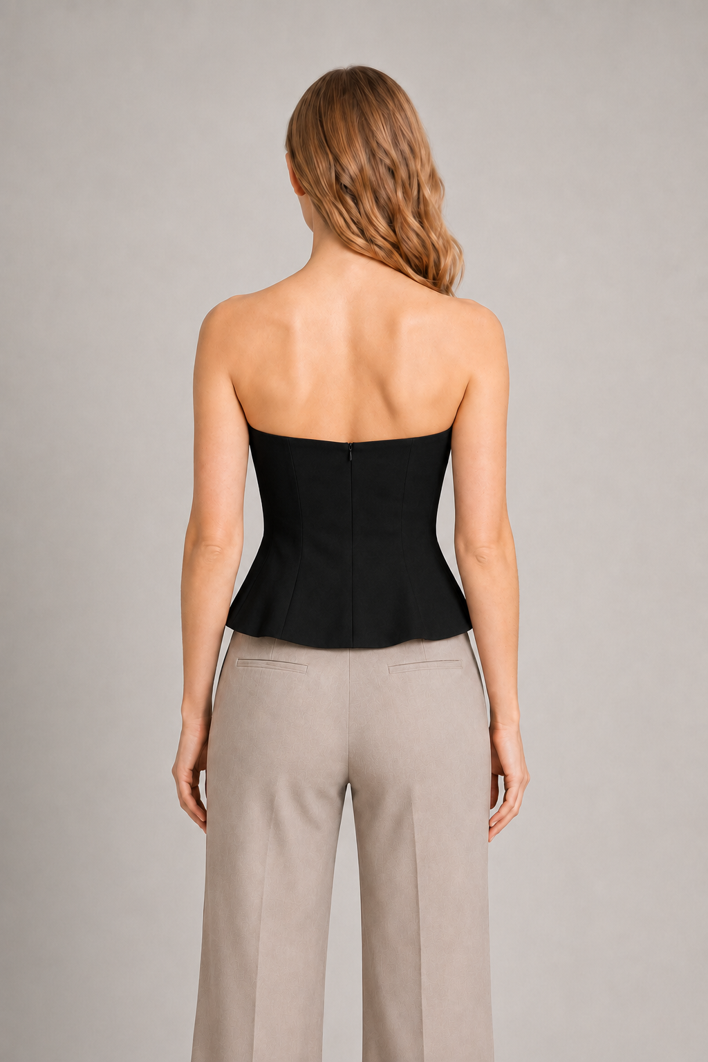 Strapless Corset Top with Flared Hem in Black, back view