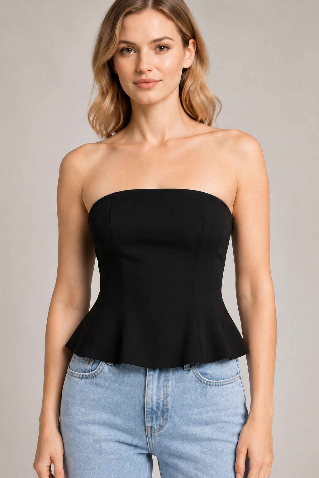Strapless Corset Top with Flared Hem in Black, waistband construction detail