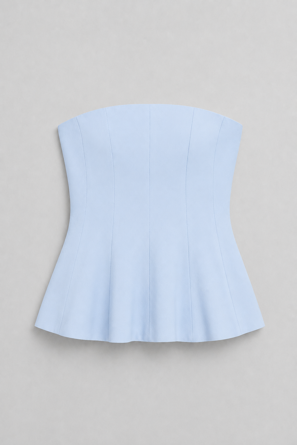 Strapless Corset Top with Flared Hem in Light Blue, flat lay