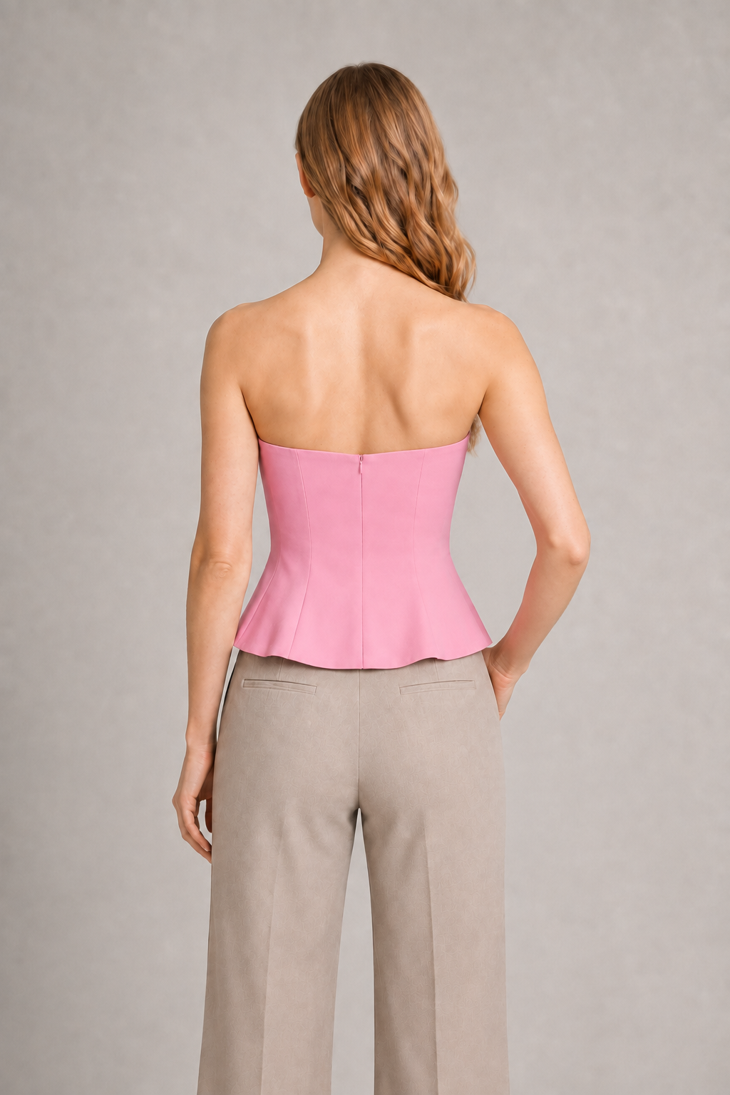 Strapless Corset Top with Flared Hem in Pink, back view