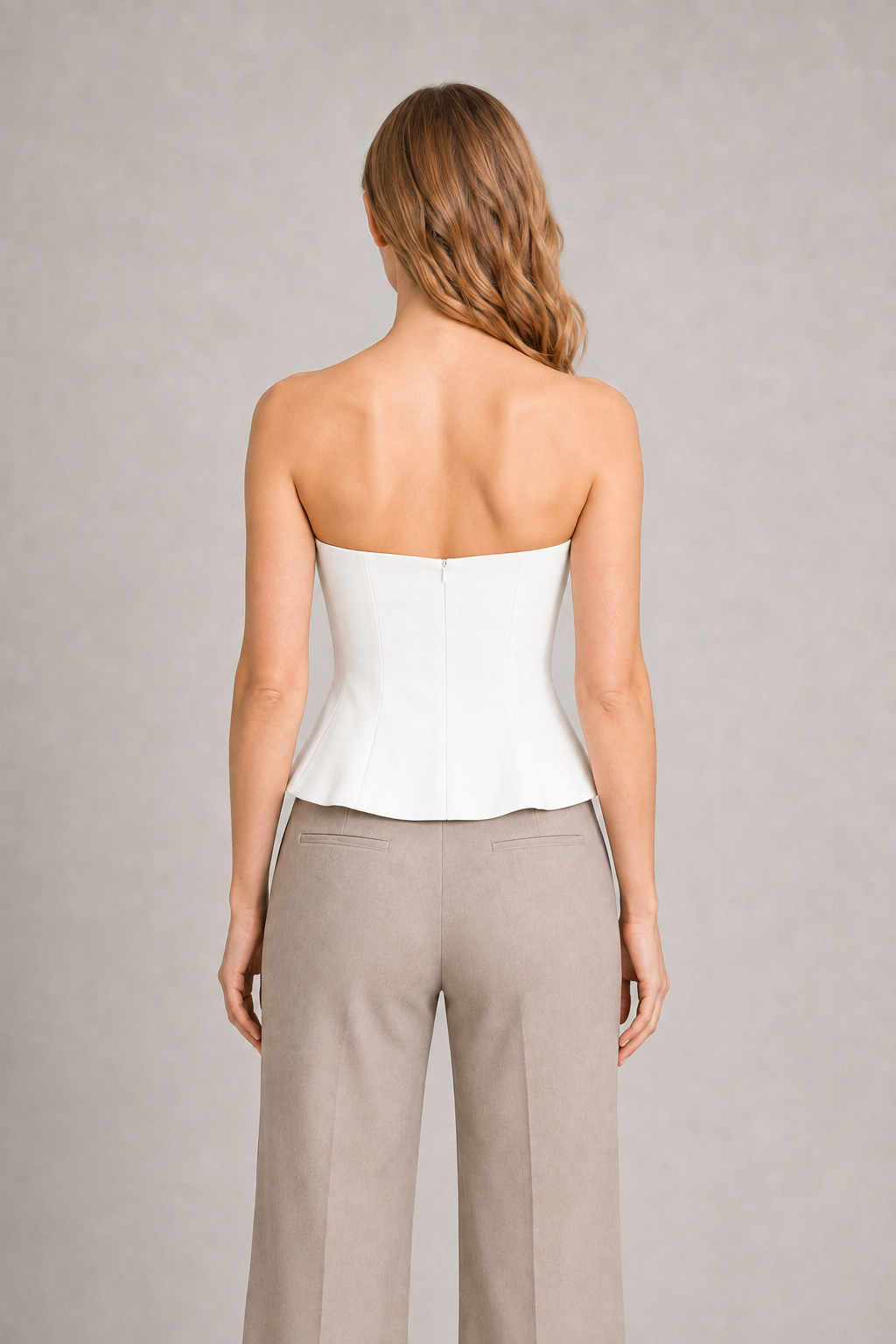 Strapless Corset Top with Flared Hem in White, back view