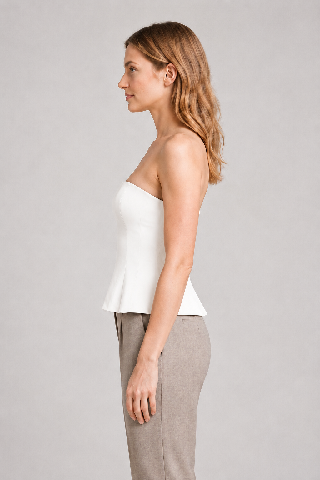 Strapless Corset Top with Flared Hem in White, side view