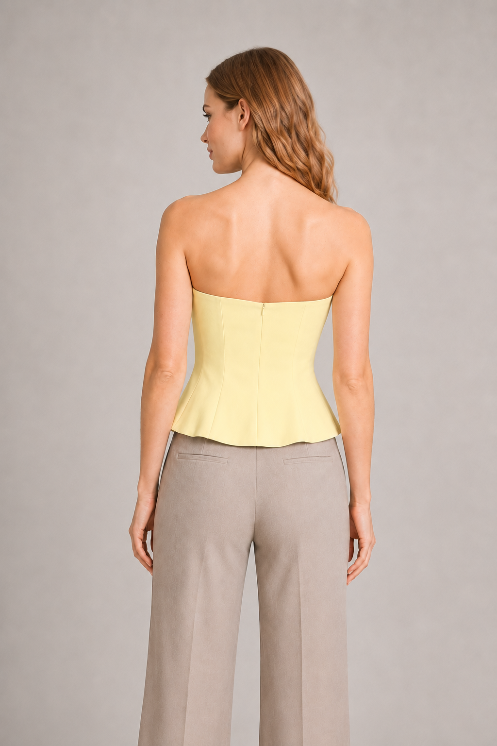 Strapless Corset Top with Flared Hem in Yellow, back view