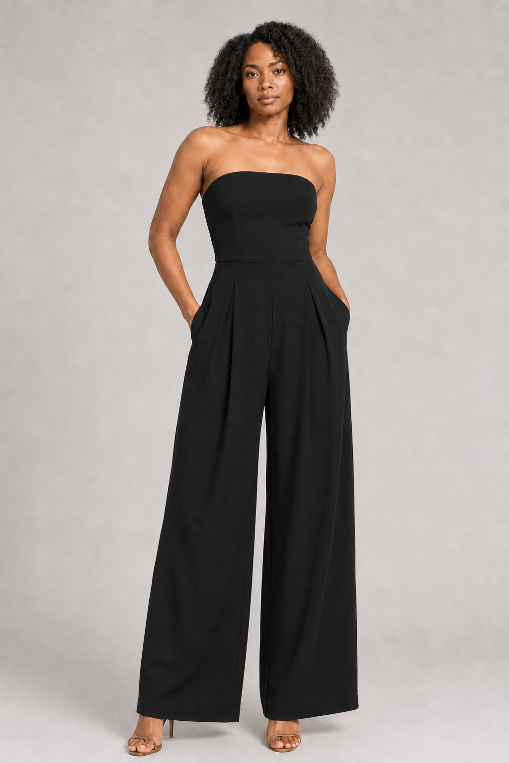 Strapless Wide-Leg Jumpsuit in Black, front three-quarter view