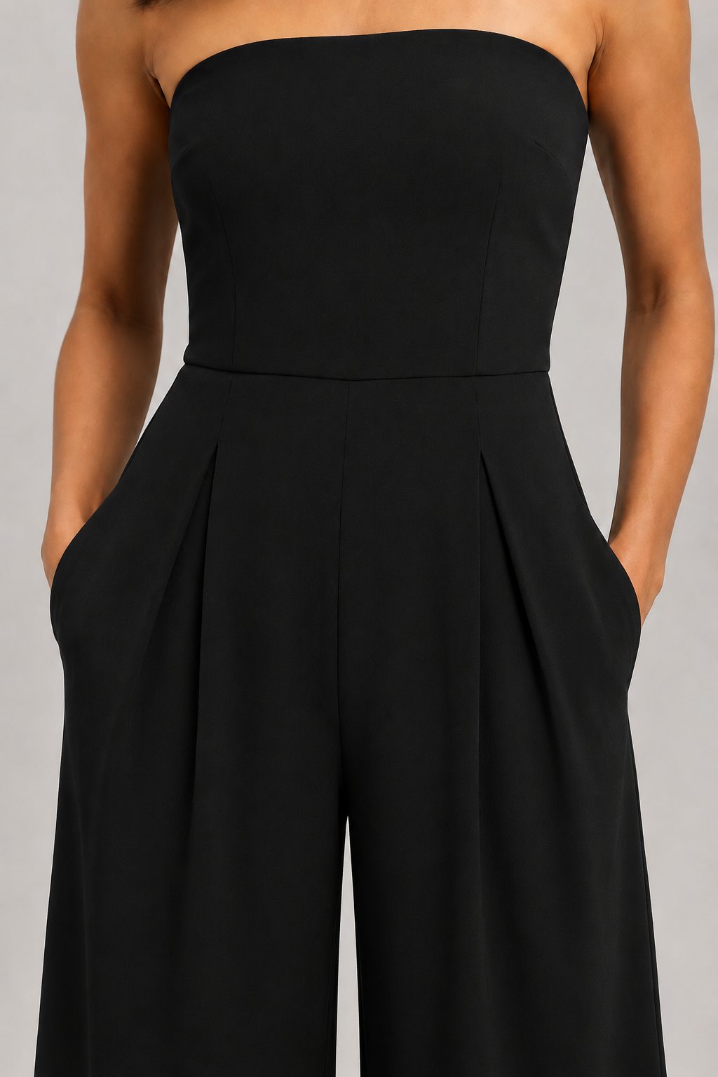 Strapless Wide-Leg Jumpsuit in Black, waistband construction detail
