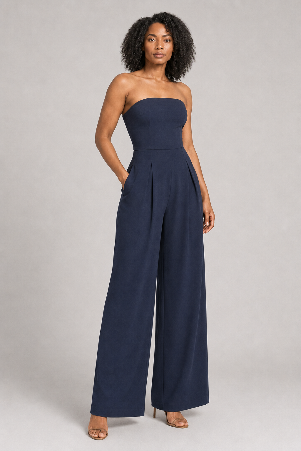 Strapless Wide-Leg Jumpsuit in Dark Blue, front three-quarter view
