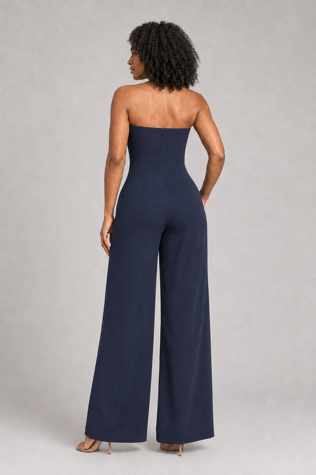 Strapless Wide-Leg Jumpsuit in Dark Blue, back view
