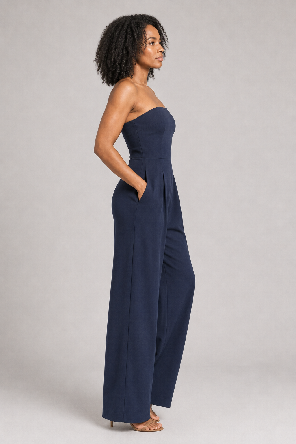 Strapless Wide-Leg Jumpsuit in Dark Blue, side view