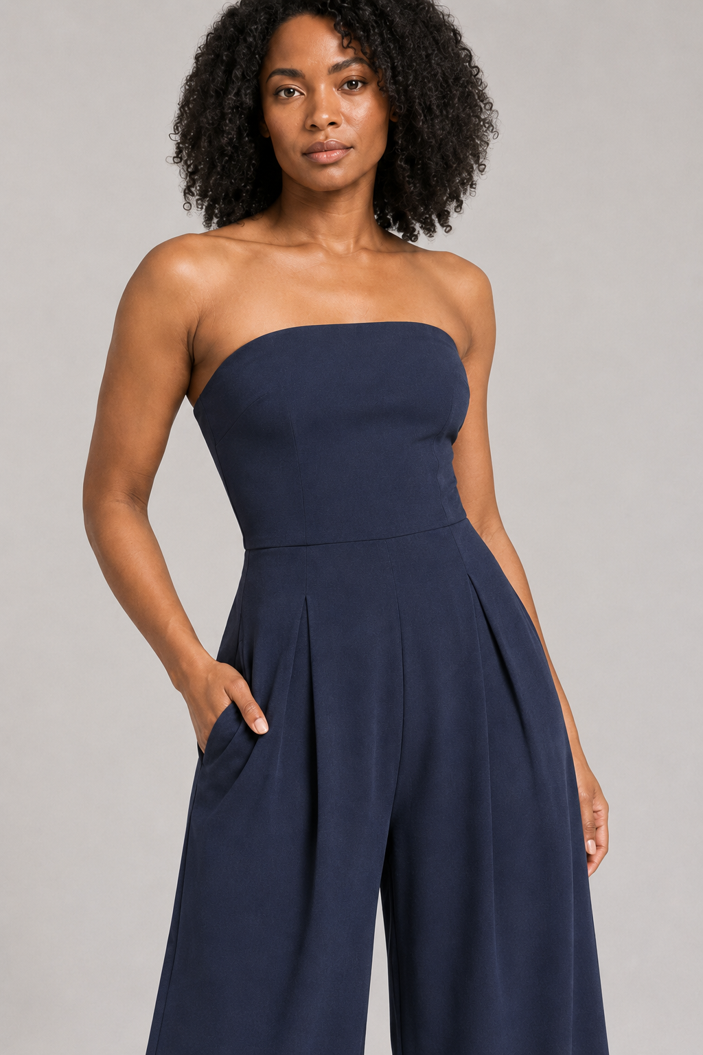 Strapless Wide-Leg Jumpsuit in Dark Blue, fabric detail