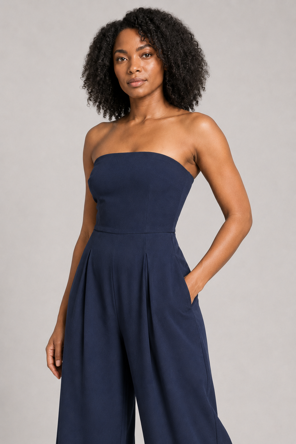 Strapless Wide-Leg Jumpsuit in Dark Blue, waistband construction detail