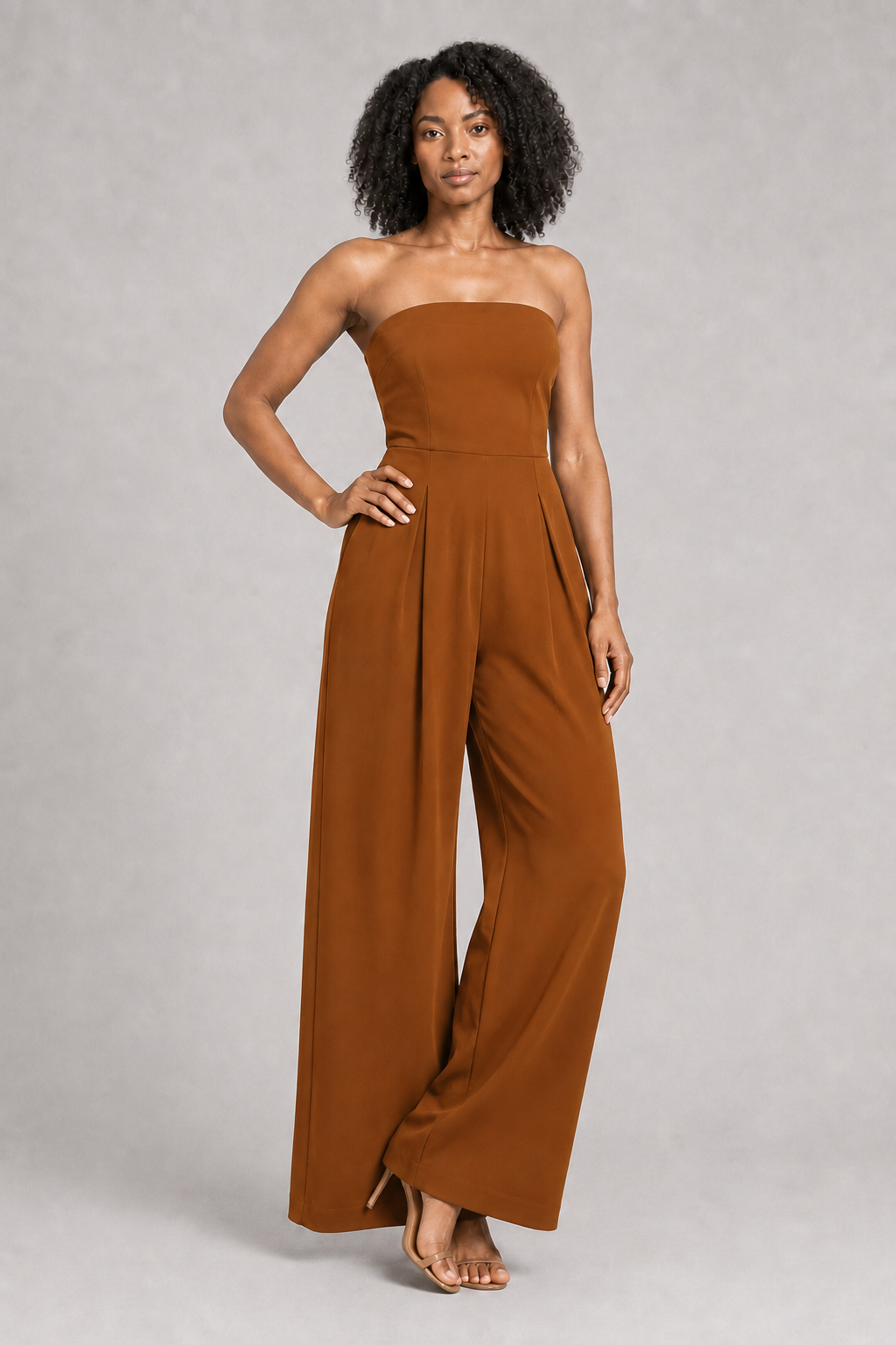 Strapless Wide-Leg Jumpsuit in Deep Kahki, front three-quarter view