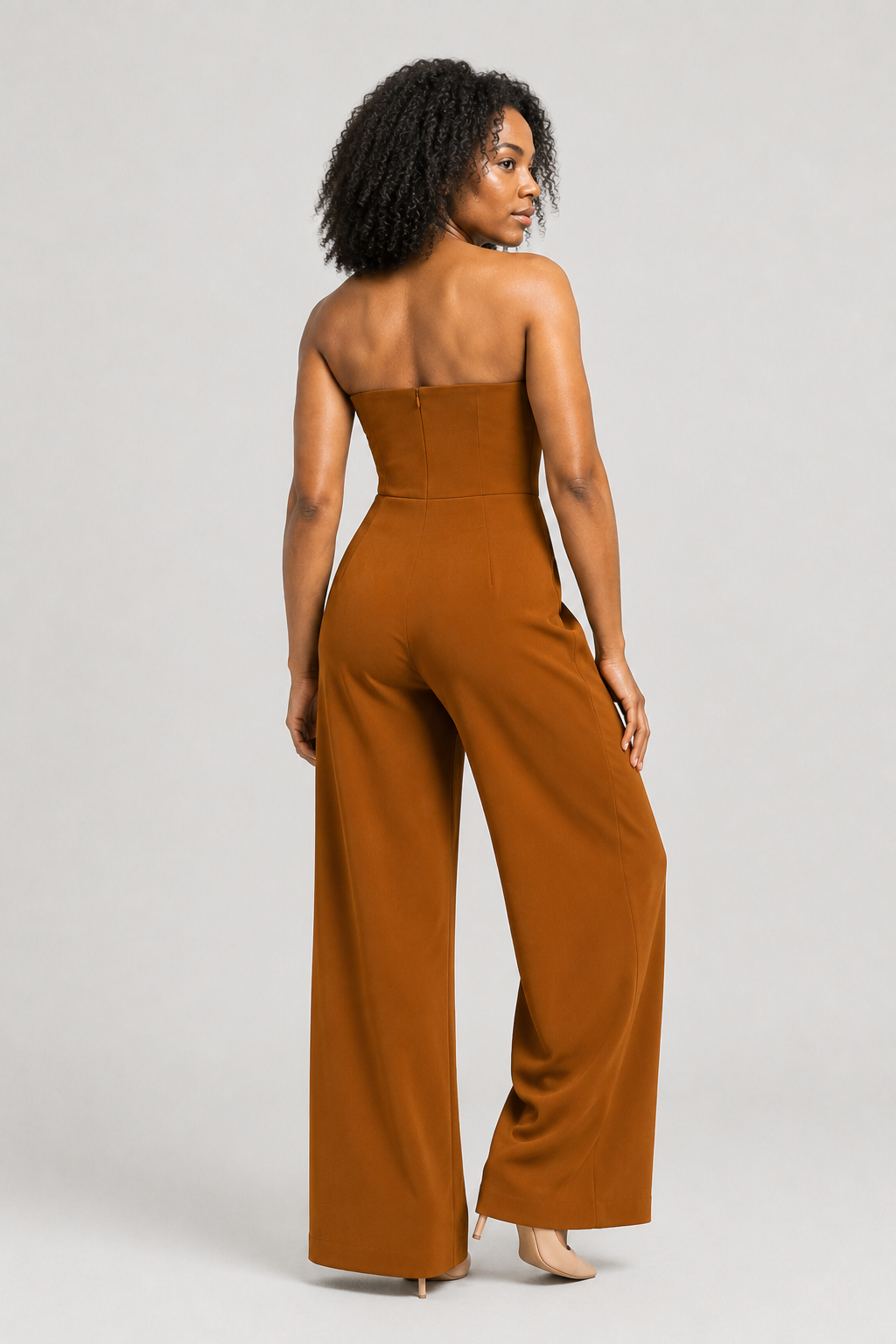 Strapless Wide-Leg Jumpsuit in Deep Kahki, back view