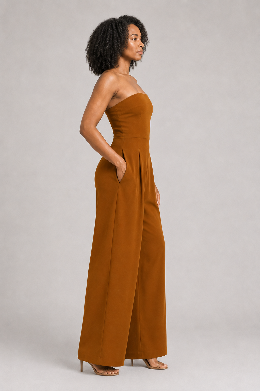 Strapless Wide-Leg Jumpsuit in Deep Kahki, side view
