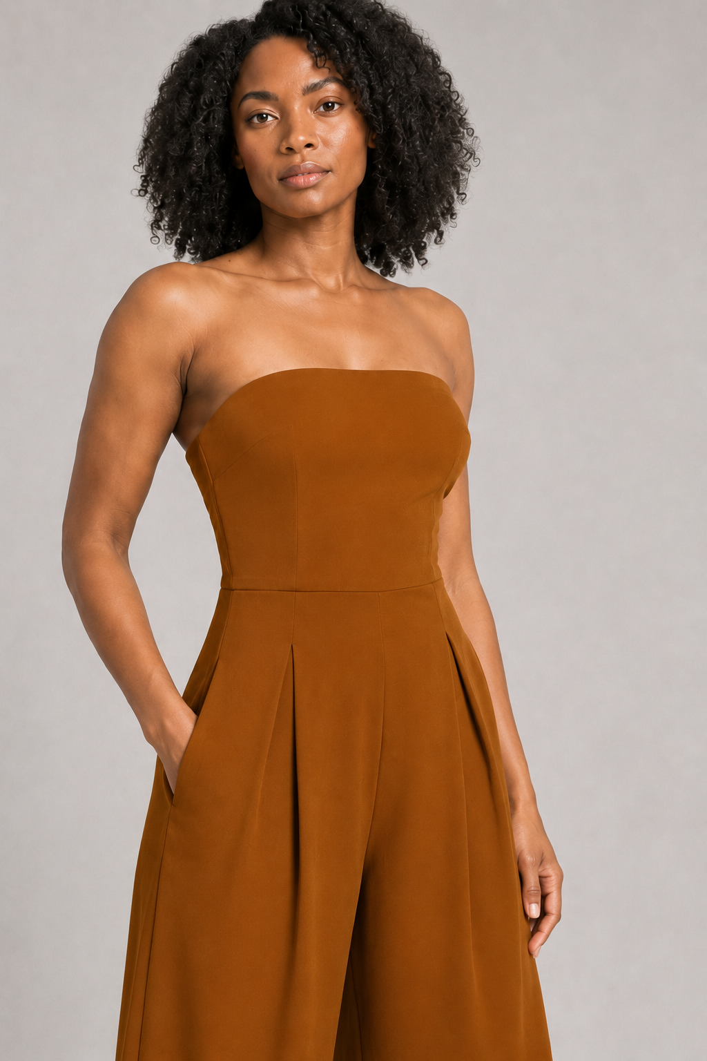 Strapless Wide-Leg Jumpsuit in Deep Kahki, fabric detail