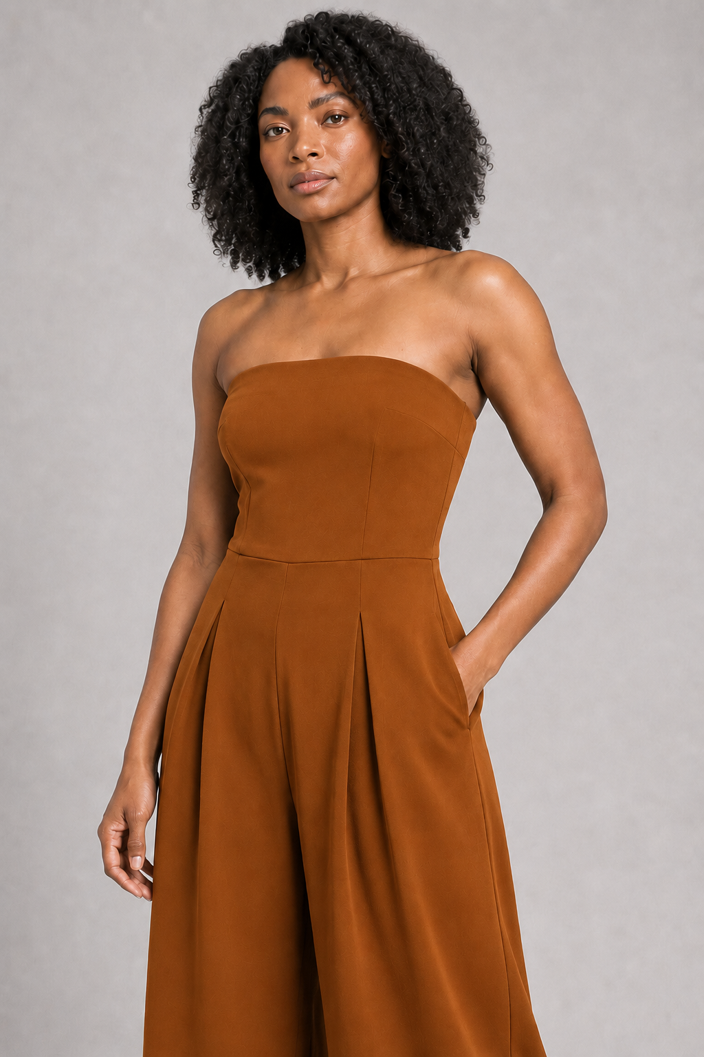 Strapless Wide-Leg Jumpsuit in Deep Kahki, waistband construction detail