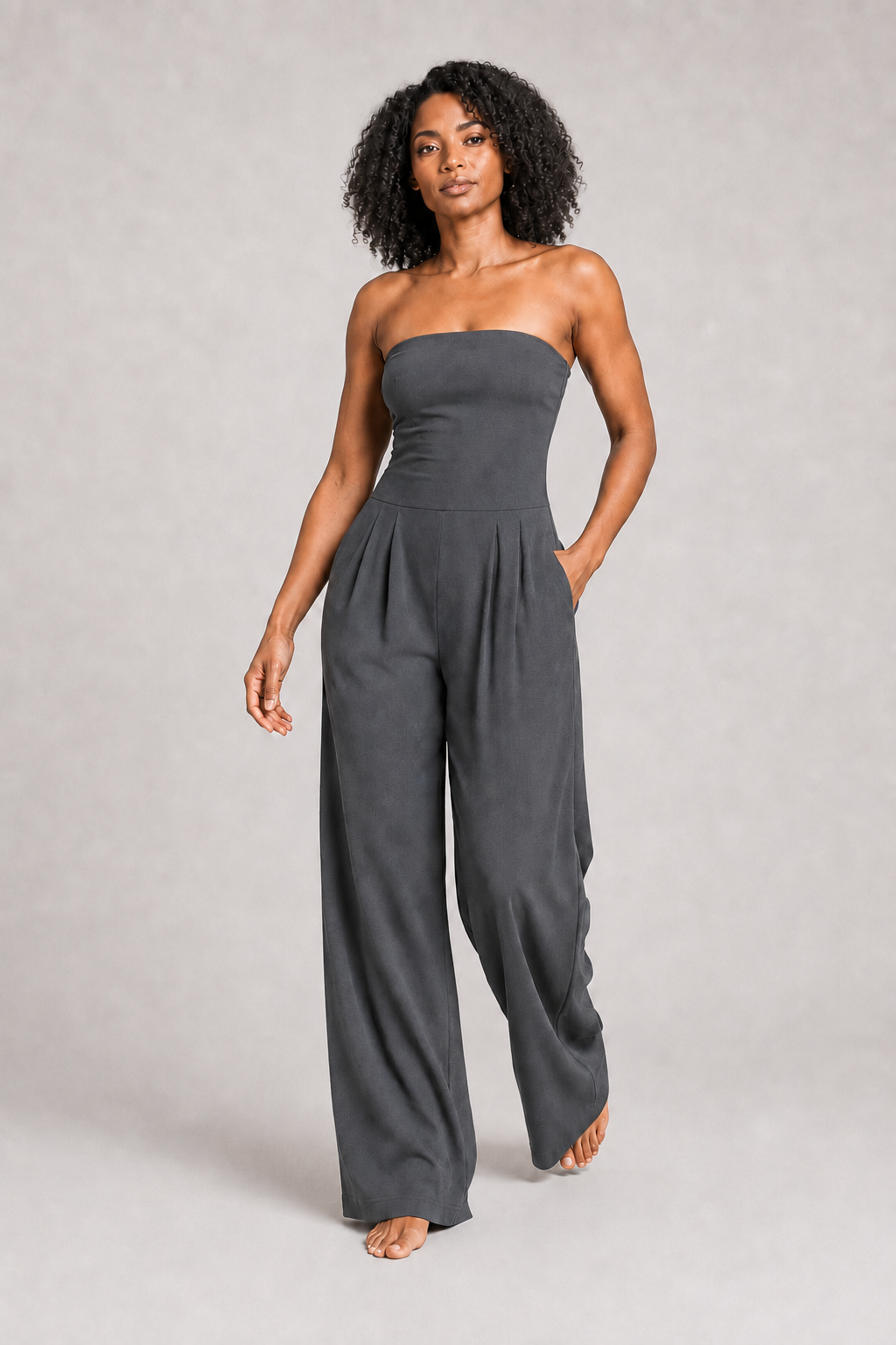 Strapless Wide-Leg Jumpsuit in Gray, front three-quarter view