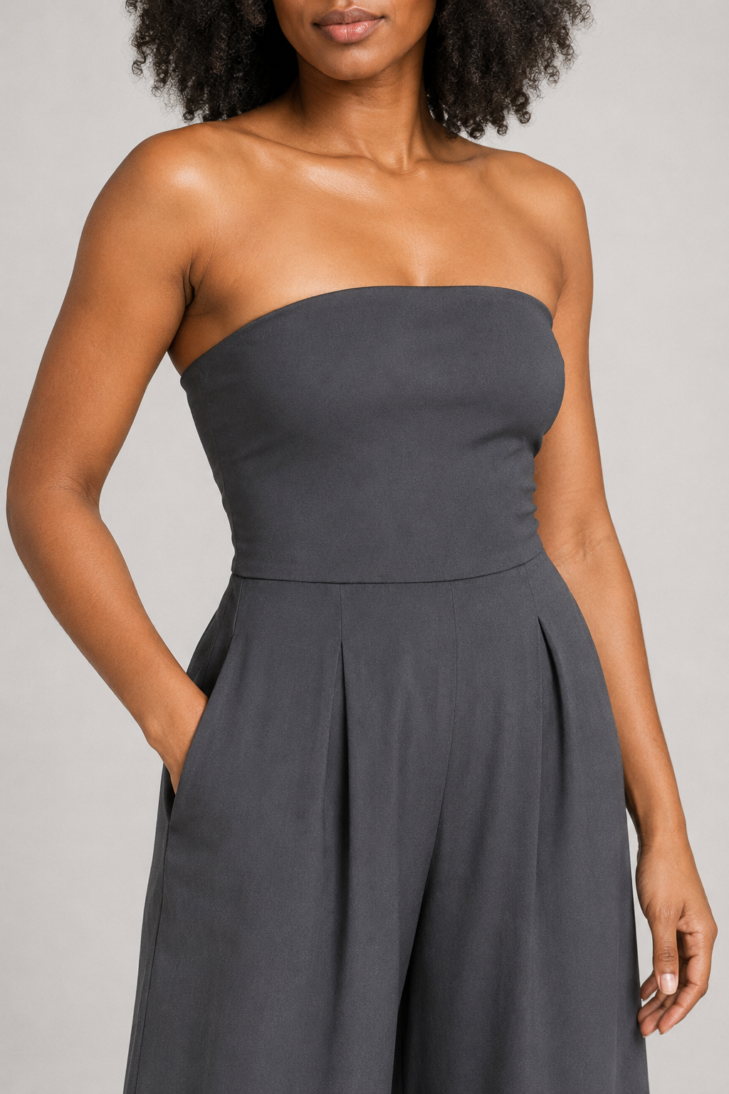 Strapless Wide-Leg Jumpsuit in Gray, fabric detail