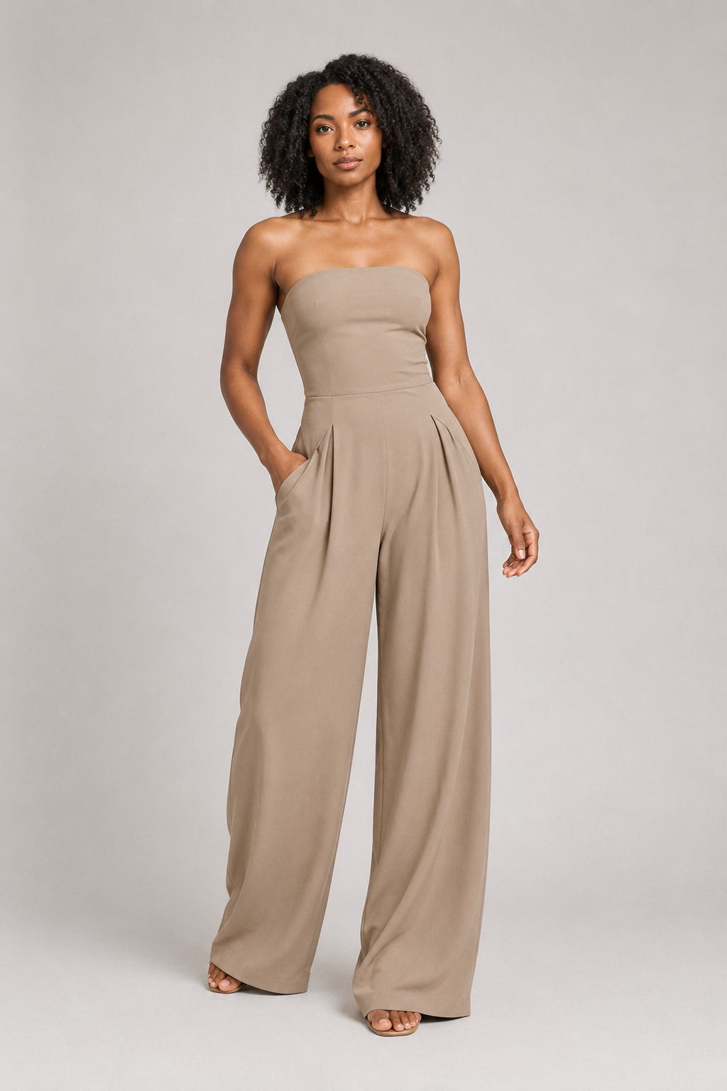 Strapless Wide-Leg Jumpsuit in Khaki, front three-quarter view