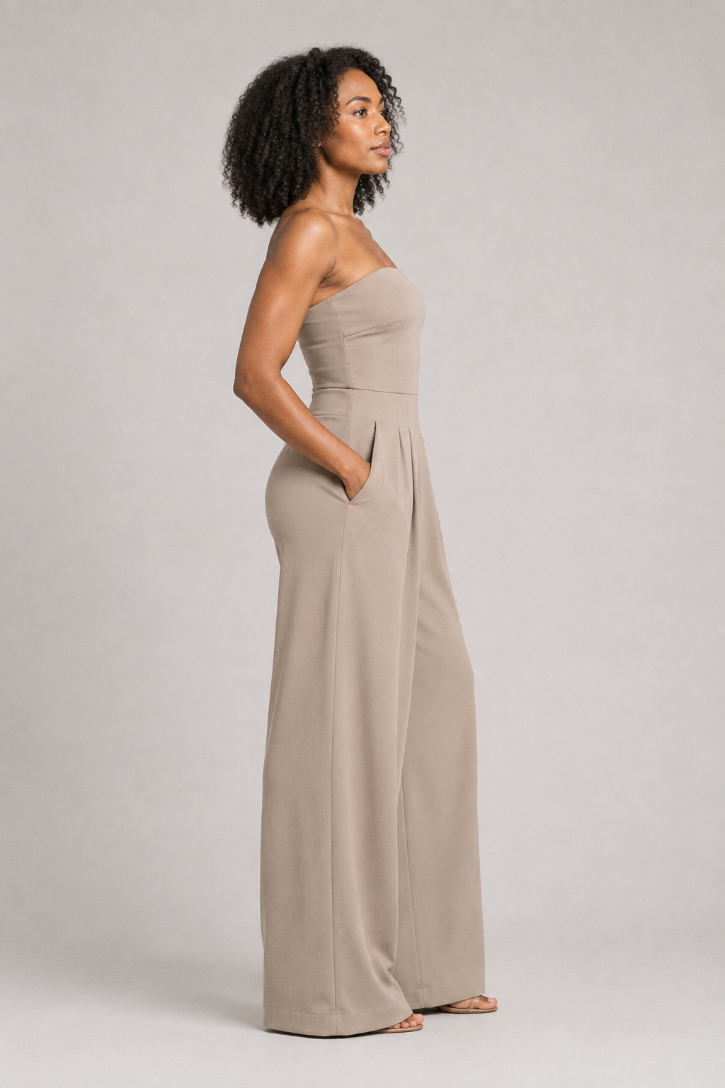 Strapless Wide-Leg Jumpsuit in Khaki, side view