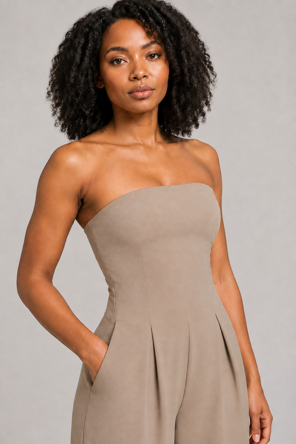 Strapless Wide-Leg Jumpsuit in Khaki, fabric detail