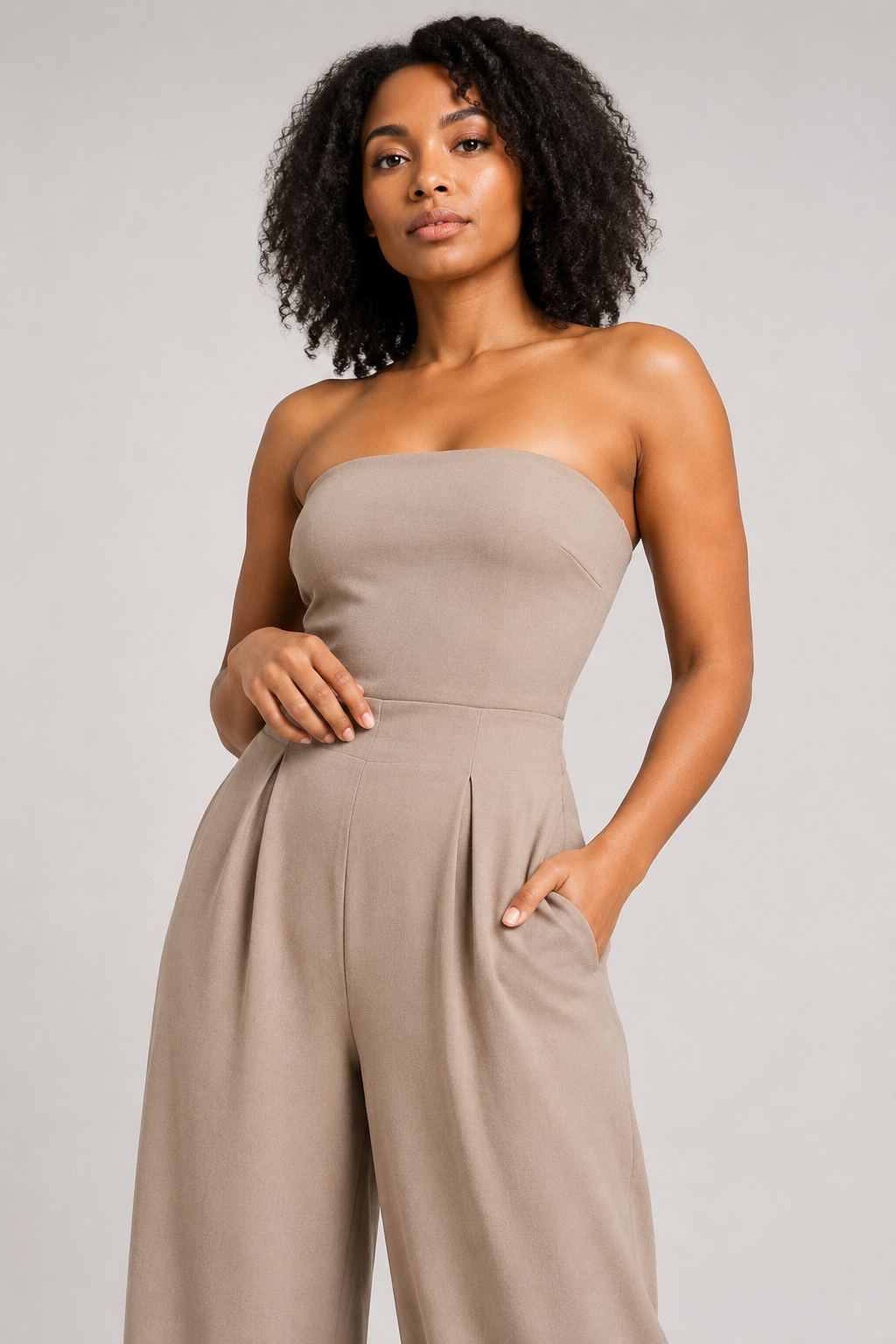 Strapless Wide-Leg Jumpsuit in Khaki, waistband construction detail