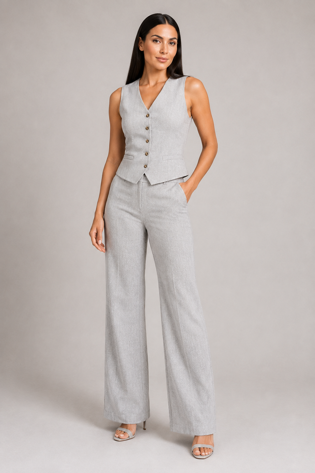 Tailored Waistcoat and Trouser Set in Light Gray, front three-quarter view