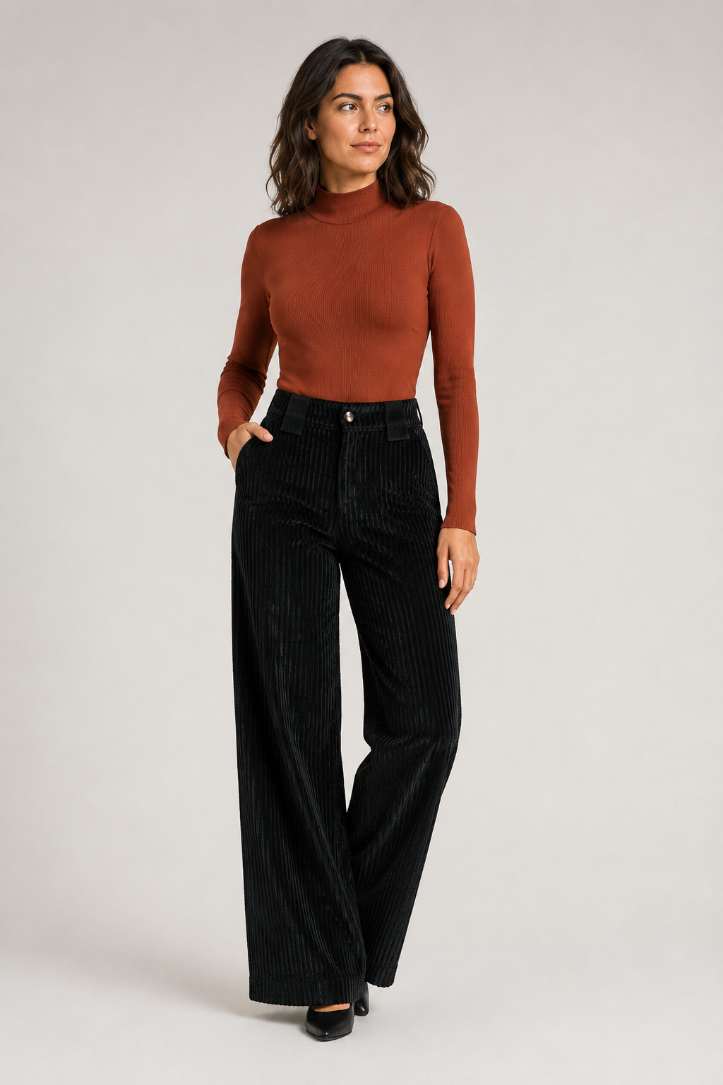 Textured Wide-Leg Trousers in Black, front three-quarter view