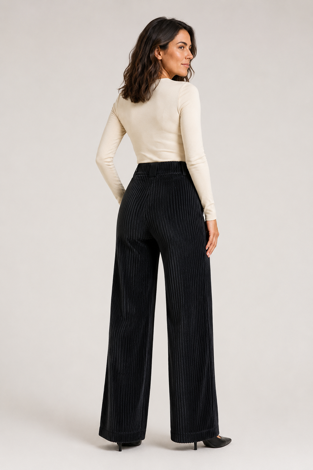 Textured Wide-Leg Trousers in Black, back view