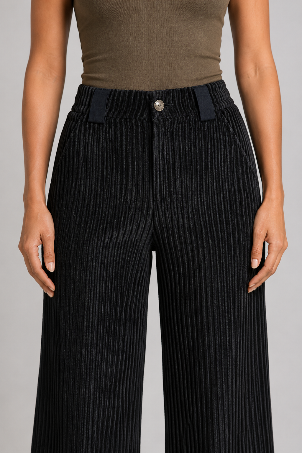 Textured Wide-Leg Trousers in Black, waistband construction detail