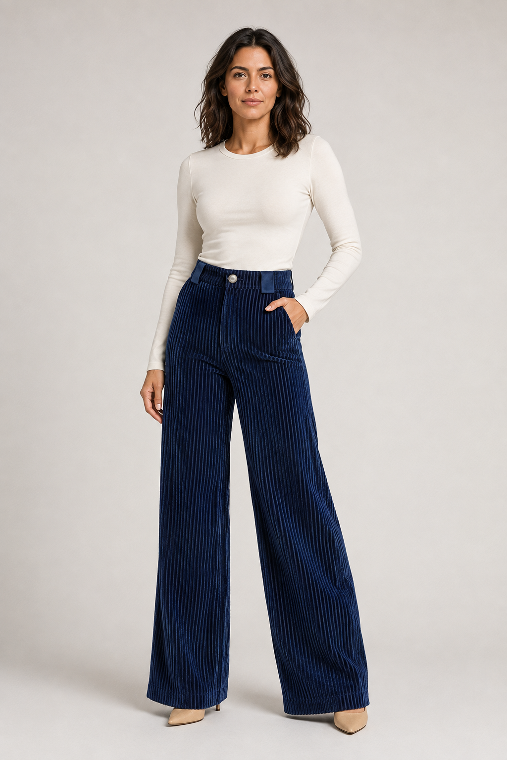 Textured Wide-Leg Trousers in Blue, front three-quarter view